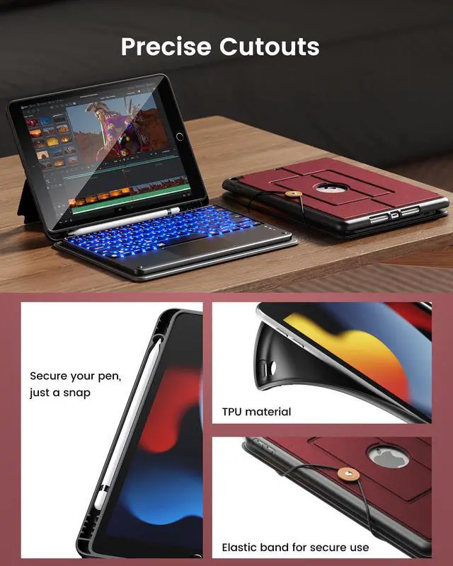 Alt view image 5 of 5 - INFILAND Keyboard Case for iPad 9th/8th/7th Generation 10.2 Inch, 7-Color Backlight & High Precision Trackpad, Slim Detachable Folder Style Keyboard Case with Pencil Holder (02-Burgundy)