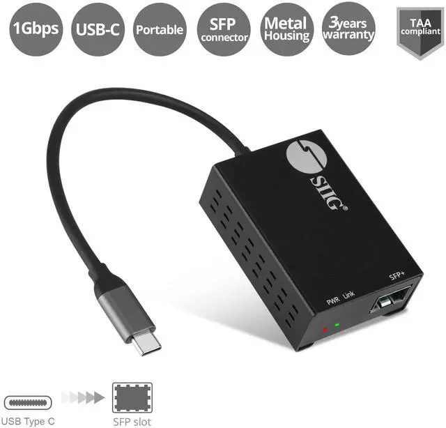 Alt view image 2 of 5 - SIIG USB-C to SFP Fiber Gigabit Ethernet Adapter, 1 Gbps, Power Saving Mode IEEE 802.3az, Secure Network Connectivity, Heat Dissipation, Windows and Mac - TAA Compliant (JU-NE0D11-S1)