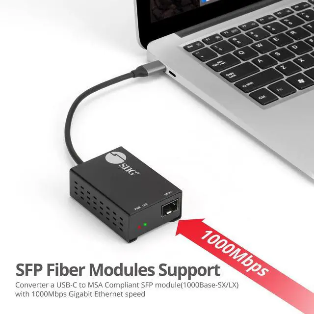 Alt view image 4 of 5 - SIIG USB-C to SFP Fiber Gigabit Ethernet Adapter, 1 Gbps, Power Saving Mode IEEE 802.3az, Secure Network Connectivity, Heat Dissipation, Windows and Mac - TAA Compliant (JU-NE0D11-S1)
