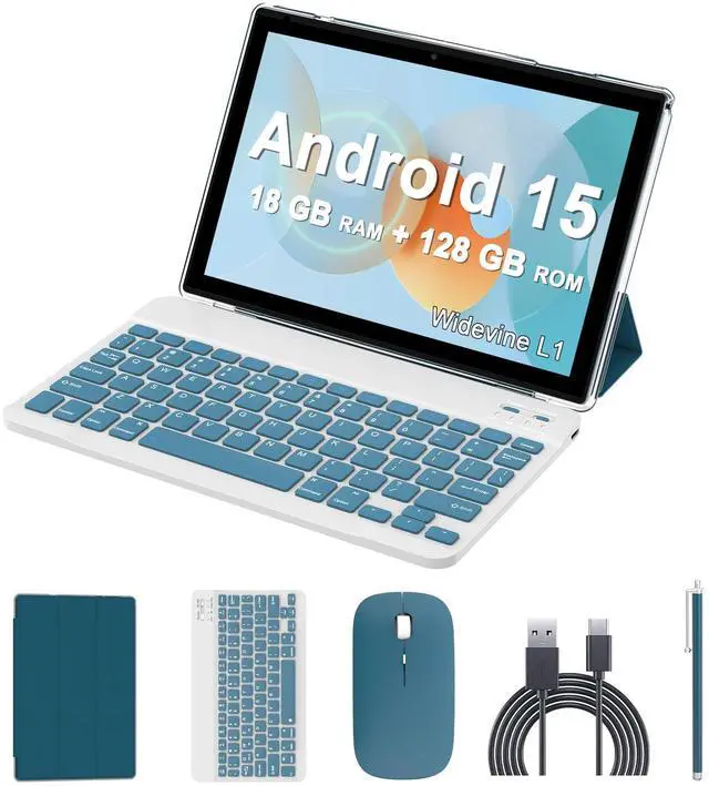 Main image of Android 15 Tablet, 10 inch 2 in 1 Tablets with Keyboard, 18GB RAM 128GB ROM 2TB Expand, Quad-Core 2.0Ghz CPU, 5G WiFi 6, BT5.0, 1280x800 HD Touchscreen, 6000mAh, Widevine L1, GMS Tablet, Navy