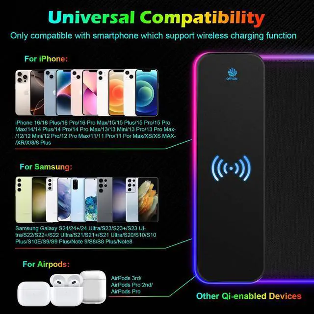Alt view image 4 of 5 - RGB Gaming Mouse Pad Wireless Charging 15W with LED Cable, XXL Large Mousepad 800x300x4mm with 13 Light Modes Non-Slip Rubber Base, Waterproof Computer Mat for Home Office Gaming Keyboard Desk Decor