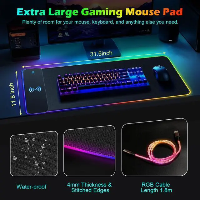 Alt view image 5 of 5 - RGB Gaming Mouse Pad Wireless Charging 15W with LED Cable, XXL Large Mousepad 800x300x4mm with 13 Light Modes Non-Slip Rubber Base, Waterproof Computer Mat for Home Office Gaming Keyboard Desk Decor