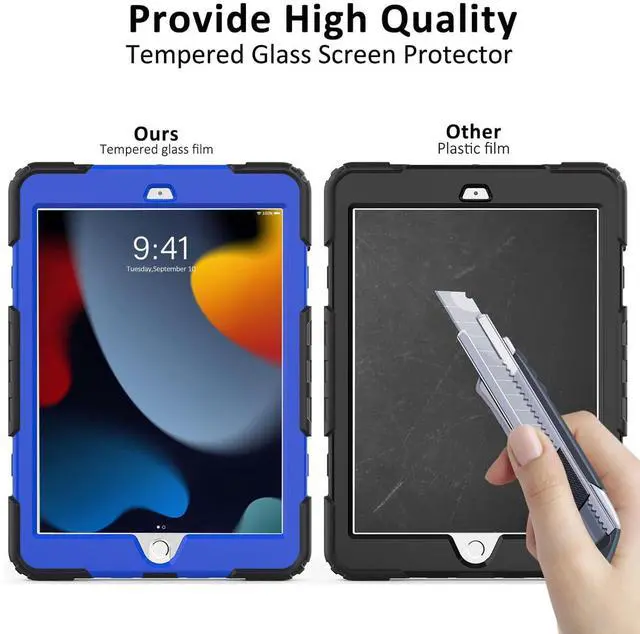 Alt view image 3 of 5 - Ambison Case for iPad 9th/8th/7th Generation 10.2'' 2021/2020/2019, [Kid Proof] Full Body Protective Case with 9H Tempered Glass Screen Protector, 360° Rotatable Kickstand & Hand Strap (Blue & Black)