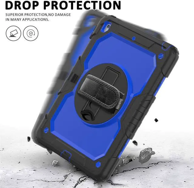 Alt view image 4 of 5 - Ambison Case for iPad 9th/8th/7th Generation 10.2'' 2021/2020/2019, [Kid Proof] Full Body Protective Case with 9H Tempered Glass Screen Protector, 360° Rotatable Kickstand & Hand Strap (Blue & Black)