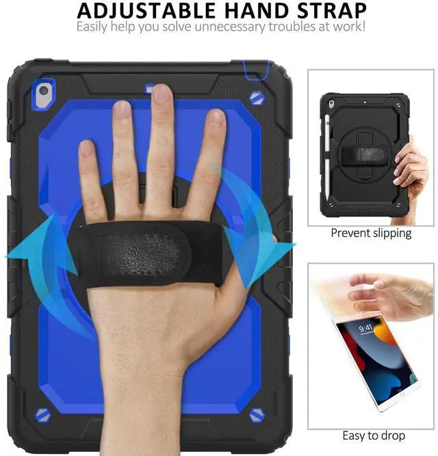 Alt view image 5 of 5 - Ambison Case for iPad 9th/8th/7th Generation 10.2'' 2021/2020/2019, [Kid Proof] Full Body Protective Case with 9H Tempered Glass Screen Protector, 360° Rotatable Kickstand & Hand Strap (Blue & Black)