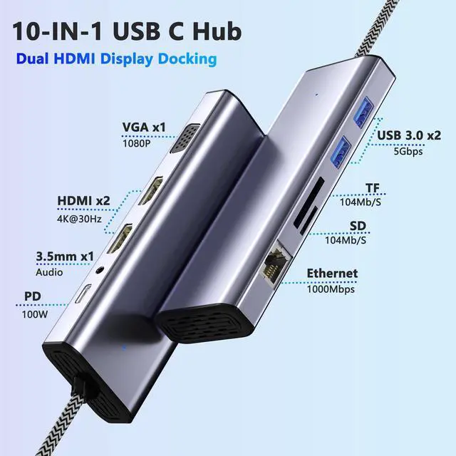 Alt view image 5 of 5 - Docking Station Dual Monitor, USB C to Dual HDMI Adapter, Laptop Docking Station, USB C Docking Station, USB C Hub 10 in 1 Docking Station 3 Monitors with HDMI/VGA/PD/Ethernet/USB/SD/TF/3.5mm Audio