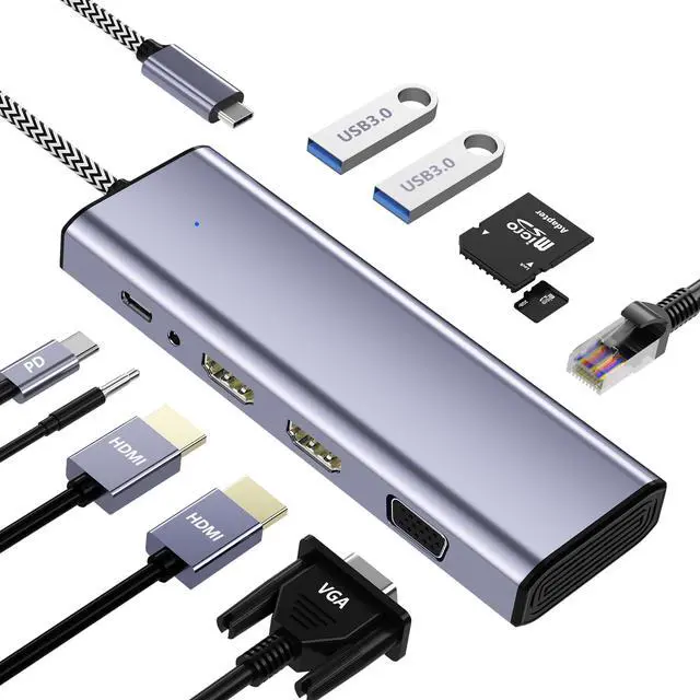 Main image of Docking Station Dual Monitor, USB C to Dual HDMI Adapter, Laptop Docking Station, USB C Docking Station, USB C Hub 10 in 1 Docking Station 3 Monitors with HDMI/VGA/PD/Ethernet/USB/SD/TF/3.5mm Audio