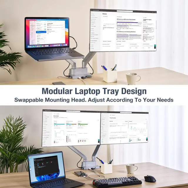 Alt view image 2 of 5 - AVLT Dual 17-38" Monitor Arm Desk Mount with 17" Laptop Tray and USB-C Docking Station, HDMI 4K60Hz, USB-A 5Gbps, Ethernet, 100W PD, Fits Two Flat/Curved Monitor - Gray