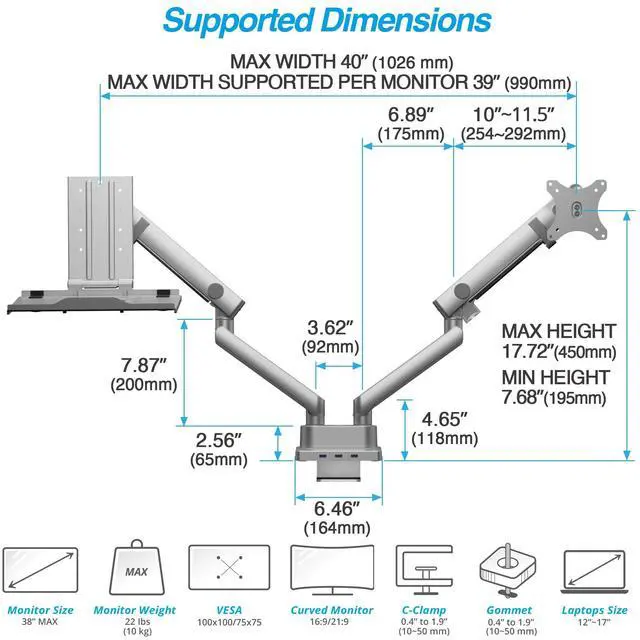 Alt view image 4 of 5 - AVLT Dual 17-38" Monitor Arm Desk Mount with 17" Laptop Tray and USB-C Docking Station, HDMI 4K60Hz, USB-A 5Gbps, Ethernet, 100W PD, Fits Two Flat/Curved Monitor - Gray