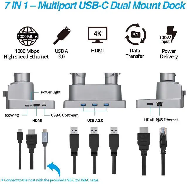 Alt view image 3 of 5 - AVLT Dual 17-38" Monitor Arm Desk Mount with 17" Laptop Tray and USB-C Docking Station, HDMI 4K60Hz, USB-A 5Gbps, Ethernet, 100W PD, Fits Two Flat/Curved Monitor - Gray