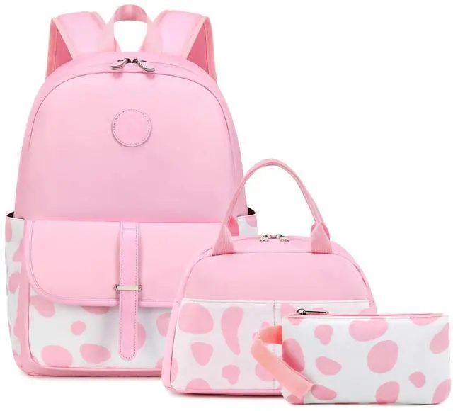 Main image of Sunborls Cute Cow Print Teen Girls Backpack with Lunch Bag Pencil Bag Set Back To School Gift Bookbag Casual Daypack Travel Laptop Backpack (Pink)