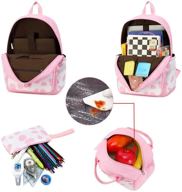 Alt view image 4 of 5 - Sunborls Cute Cow Print Teen Girls Backpack with Lunch Bag Pencil Bag Set Back To School Gift Bookbag Casual Daypack Travel Laptop Backpack (Pink)