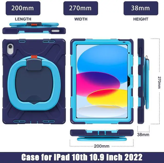 Alt view image 2 of 5 - BKOUNCTK for iPad (A16) 11th/10th Generation Case 2025/2022 (11/10.9),Heavy Sturdy Shockproof Kids Case with Screen Protector,Rotating Stand/Pencil Holder/Shoulder Strap (Navy Blue+Blue)