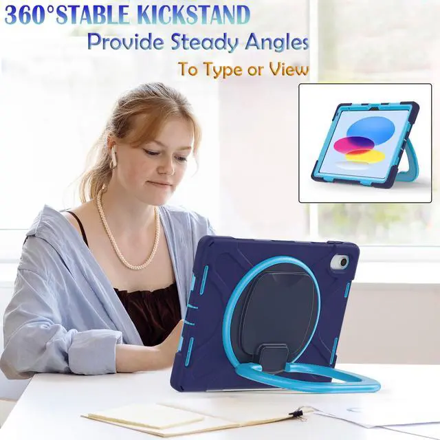 Alt view image 5 of 5 - BKOUNCTK for iPad (A16) 11th/10th Generation Case 2025/2022 (11/10.9),Heavy Sturdy Shockproof Kids Case with Screen Protector,Rotating Stand/Pencil Holder/Shoulder Strap (Navy Blue+Blue)