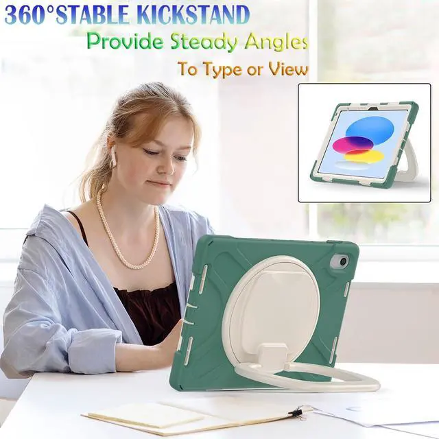 Alt view image 2 of 5 - BKOUNCTK for iPad (A16) 11th/10th Generation Case 2025/2022 (11/10.9),Heavy Sturdy Shockproof Kids Case with Screen Protector,Rotating Stand/Pencil Holder/Shoulder Strap (Emerald Green)