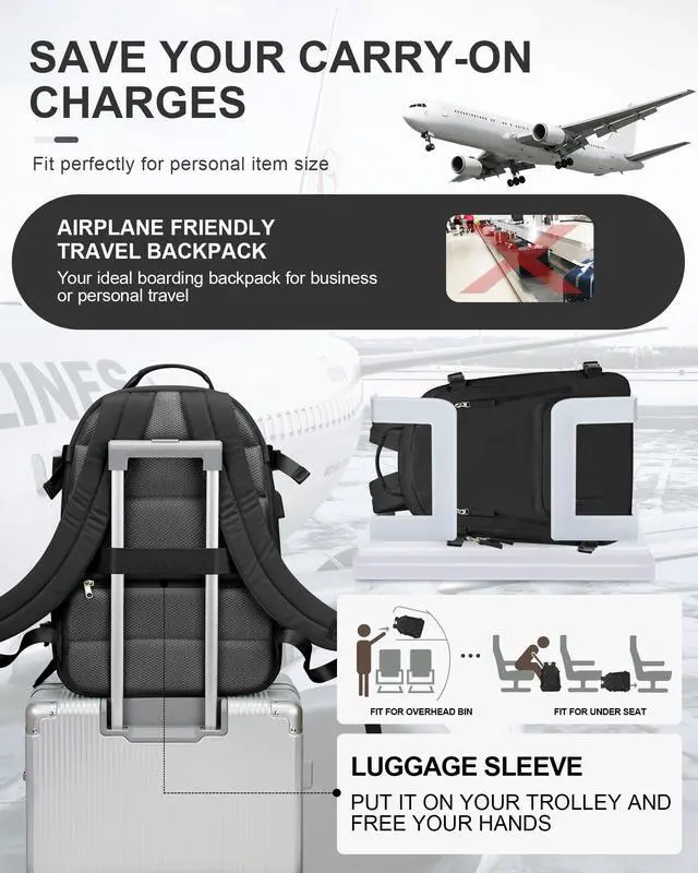 Alt view image 5 of 5 - Carry On Backpack, Travel Backpack for Women Men Flight Approved, Personal Item Travel Bag for Airplanes, 14-15.6 Inch Laptop Business Backpack, Casual Daypack Gym Hiking Bakpack(simple, Black)