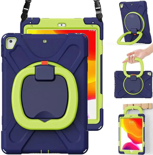 Main image of BRAECN Case for iPad 9.7, iPad 6th/5th Generation 2018/2017, iPad Air 2, Hybrid Shockproof Rugged Drop Protection Cover with Kickstand, Pencil Holder, Carrying Strap, Hand Grip for Kids-Navy+Green
