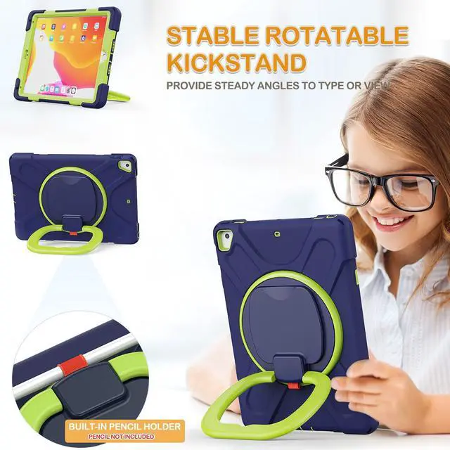 Alt view image 3 of 5 - BRAECN Case for iPad 9.7, iPad 6th/5th Generation 2018/2017, iPad Air 2, Hybrid Shockproof Rugged Drop Protection Cover with Kickstand, Pencil Holder, Carrying Strap, Hand Grip for Kids-Navy+Green