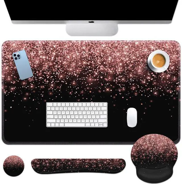 Main image of Britimes Rose Gold Pink Keyboard Mouse Pad Set Desk Mat Black Golden 4in1 Large Mousepad+Keyboard Wrist Rest+Mouse Wrist Rest+Coaster Ergonomic Design for Home Office Computer 35.4 * 15.7 Inches
