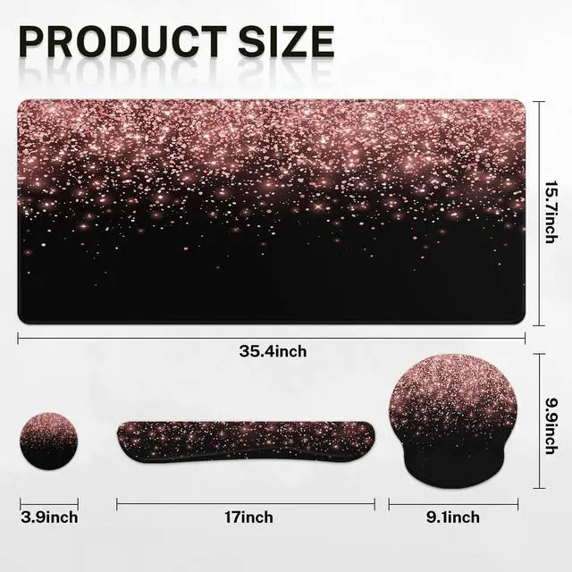 Alt view image 2 of 5 - Britimes Rose Gold Pink Keyboard Mouse Pad Set Desk Mat Black Golden 4in1 Large Mousepad+Keyboard Wrist Rest+Mouse Wrist Rest+Coaster Ergonomic Design for Home Office Computer 35.4 * 15.7 Inches