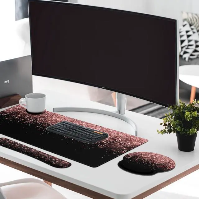 Alt view image 3 of 5 - Britimes Rose Gold Pink Keyboard Mouse Pad Set Desk Mat Black Golden 4in1 Large Mousepad+Keyboard Wrist Rest+Mouse Wrist Rest+Coaster Ergonomic Design for Home Office Computer 35.4 * 15.7 Inches