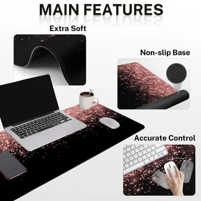 Alt view image 5 of 5 - Britimes Rose Gold Pink Keyboard Mouse Pad Set Desk Mat Black Golden 4in1 Large Mousepad+Keyboard Wrist Rest+Mouse Wrist Rest+Coaster Ergonomic Design for Home Office Computer 35.4 * 15.7 Inches