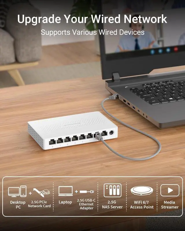 Alt view image 3 of 5 - BrosTrend 2.5Gb Switch, 8 Port Network Switch 2.5 Gigabit, Unmanaged Ethernet Switch for Game Console, NAS, PC, Computer Networking Switch Plug & Play Fanless, Desktop Wall Mount, Lifetime Protection