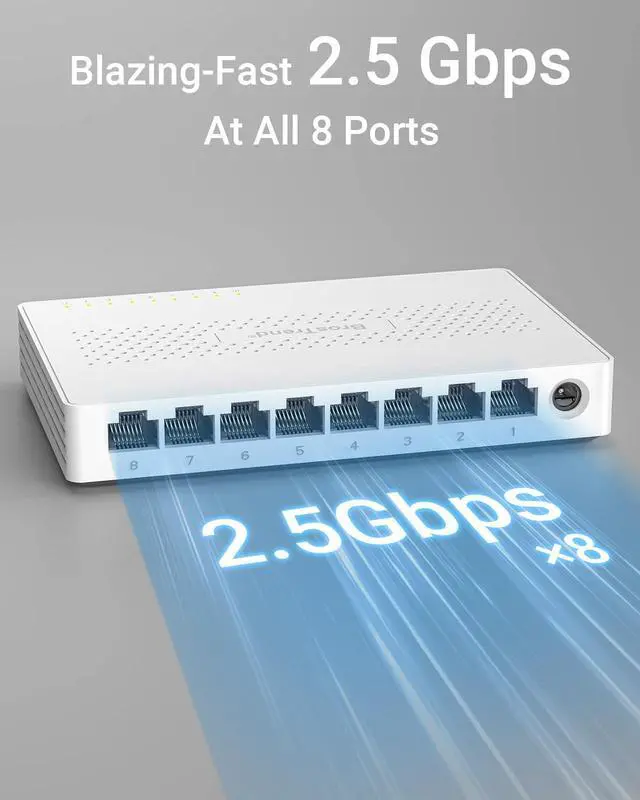 Alt view image 2 of 5 - BrosTrend 2.5Gb Switch, 8 Port Network Switch 2.5 Gigabit, Unmanaged Ethernet Switch for Game Console, NAS, PC, Computer Networking Switch Plug & Play Fanless, Desktop Wall Mount, Lifetime Protection