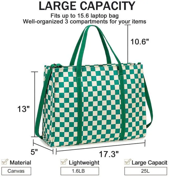 Alt view image 2 of 5 - Laptop Tote Bag for Women Work 15.6 inch Canvas Shoulder Bags Computer Messenger Purse Teacher Handbag Office Briefcase (Green-White Checkered)