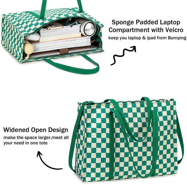 Alt view image 4 of 5 - Laptop Tote Bag for Women Work 15.6 inch Canvas Shoulder Bags Computer Messenger Purse Teacher Handbag Office Briefcase (Green-White Checkered)