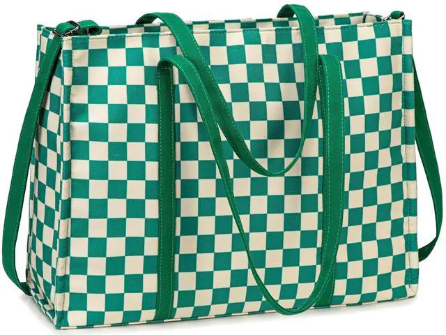 Main image of Laptop Tote Bag for Women Work 15.6 inch Canvas Shoulder Bags Computer Messenger Purse Teacher Handbag Office Briefcase (Green-White Checkered)