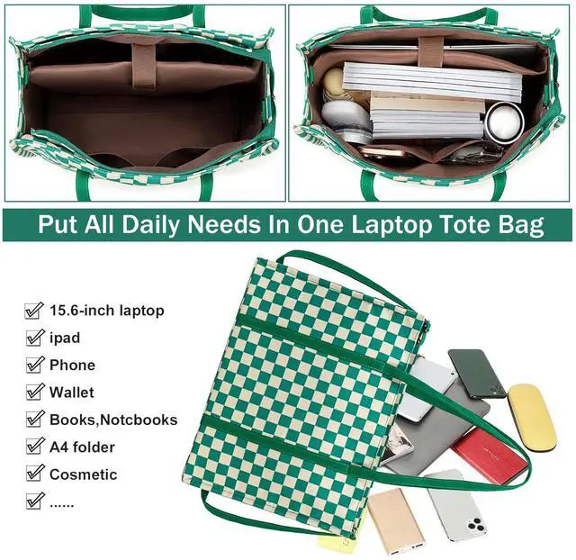 Alt view image 5 of 5 - Laptop Tote Bag for Women Work 15.6 inch Canvas Shoulder Bags Computer Messenger Purse Teacher Handbag Office Briefcase (Green-White Checkered)