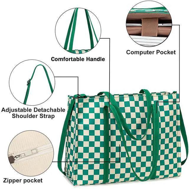 Alt view image 3 of 5 - Laptop Tote Bag for Women Work 15.6 inch Canvas Shoulder Bags Computer Messenger Purse Teacher Handbag Office Briefcase (Green-White Checkered)