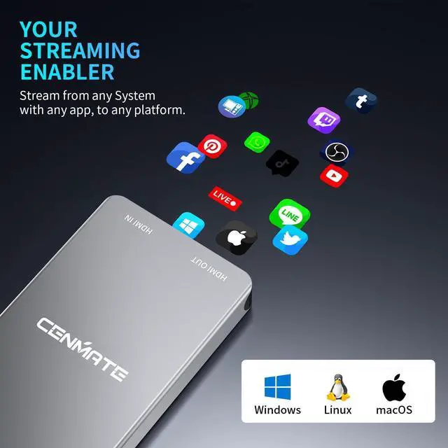 Alt view image 4 of 5 - CENMATE Aluminum HDMI Capture Card, USB 3.0 1080P 60FPS Audio Video Capture Card for Streaming/Gaming/Video Conference, 4K@30Hz Input & Pass-Through Capture Card for Nintendo Switch/PS5/Xbox/Camera/PC