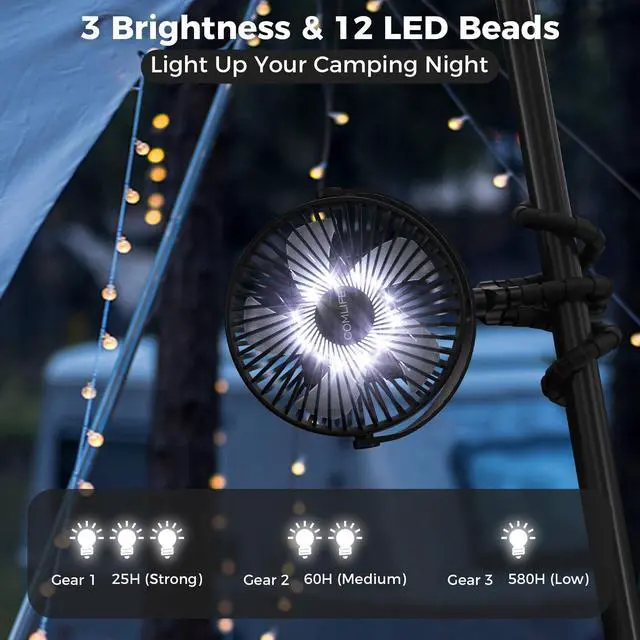 Alt view image 4 of 5 - Camping Fan with LED Lantern-10000mAh Rechargeable Battery Operated Fan, 47H Run Time Max,3 Speeds,3 Timer,7 Inch Portable Clip on Fan for Stroller Treadmill Tent RV Outdoor Emergency Outage Hurricane