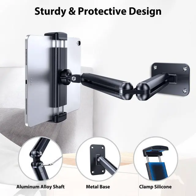 Alt view image 2 of 5 - CreaDream Wall Mount for iPad, Aluminium Adjustable & Extendable Holder Arm, Fits 4.7-13" Tablets, Phones, Kindle Fire HD, Galaxy Tab, Samsung Galaxy