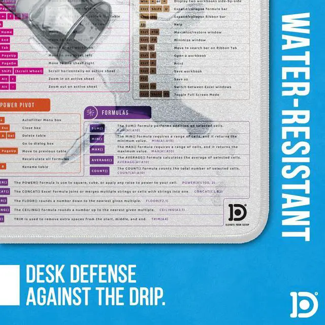 Alt view image 4 of 5 - Deskr Excel Shortcut Keys Mouse Pad | Extended XL Cheat Sheet Gaming Desk Pad | PC Office Spreadsheet Keyboard Mat | Non-Slip Stitched Edges 4mm Thick Water-Resistant - White (36x16in)
