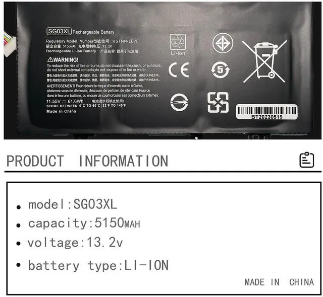 Alt view image 2 of 5 - SG03XL SGO3XL SG03061XL Laptop Battery Replacement for HP Envy 17-U000 M7-U000 17-U275CL U177CL U273CL U163CL U175NR U153NR U110NR U011NR U108CA M7-U109DX U009DX 17T-U000(11.55V 5150mAh 61.6Wh)