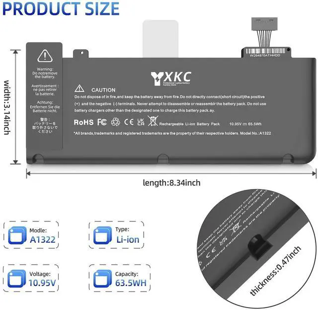 Alt view image 2 of 5 - YXKC A1322 A1278 3ICP5/69/71-2 Li-ion Battery for MacBook Pro 13-inch (Mid 2009,2010,2012; Early/Late 2011) | Compatible with MacBook Pro 5,5;7,1;8,1;9,2 & AMC700LL | 10.95V 63.5Wh