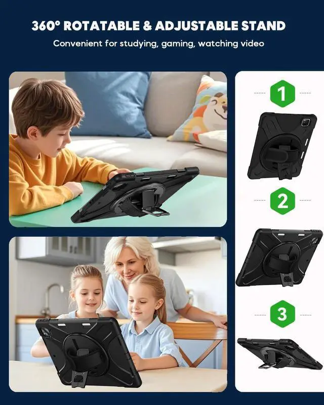 Alt view image 3 of 5 - DreamerX for iPad Air 13 Inch (2025/2024) M3/M2 iPad Pro 12.9 6th 5th 4th 3rd Gen Case with 360° Rotating Stand Hand Strap Shoulder Strap, Heavy Duty Rugged Kids Cover for iPad Air 13 Pro 12.9", Black