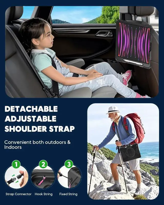 Alt view image 4 of 5 - DreamerX for iPad Air 13 Inch (2025/2024) M3/M2 iPad Pro 12.9 6th 5th 4th 3rd Gen Case with 360° Rotating Stand Hand Strap Shoulder Strap, Heavy Duty Rugged Kids Cover for iPad Air 13 Pro 12.9", Black