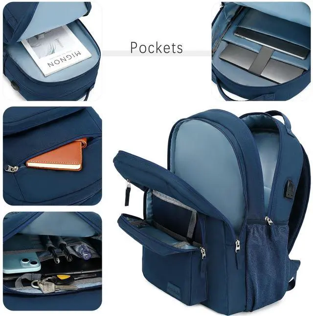 Alt view image 3 of 5 - ecodudo School Backpack for Men and Women Water Resistant Daypack for College Work15.6 inch Laptop Bookbag with USB Charging Port (Navy)