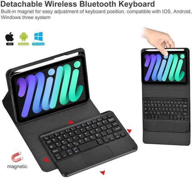 Alt view image 2 of 5 - Eisuiyi Keyboard Case for iPad Mini 7(2024) & Mini 6(2021) 8.3", Detachable Touchpad BT Keyboard, Magentic Protective Cover with Pencil Holder, Full Protection, Black