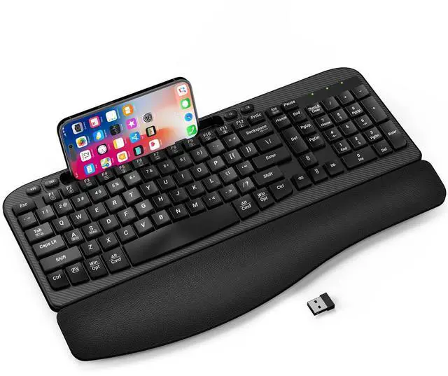 Main image of Ergonomic Wireless Keyboard with Cushioned Wrist Rest, Wave Keys, Phone Holder, Comfortable Natural Typing, 2.4GHz Full Size Silent Cordless USB Computer Keyboard for Laptop, Mac, Windows (Black)