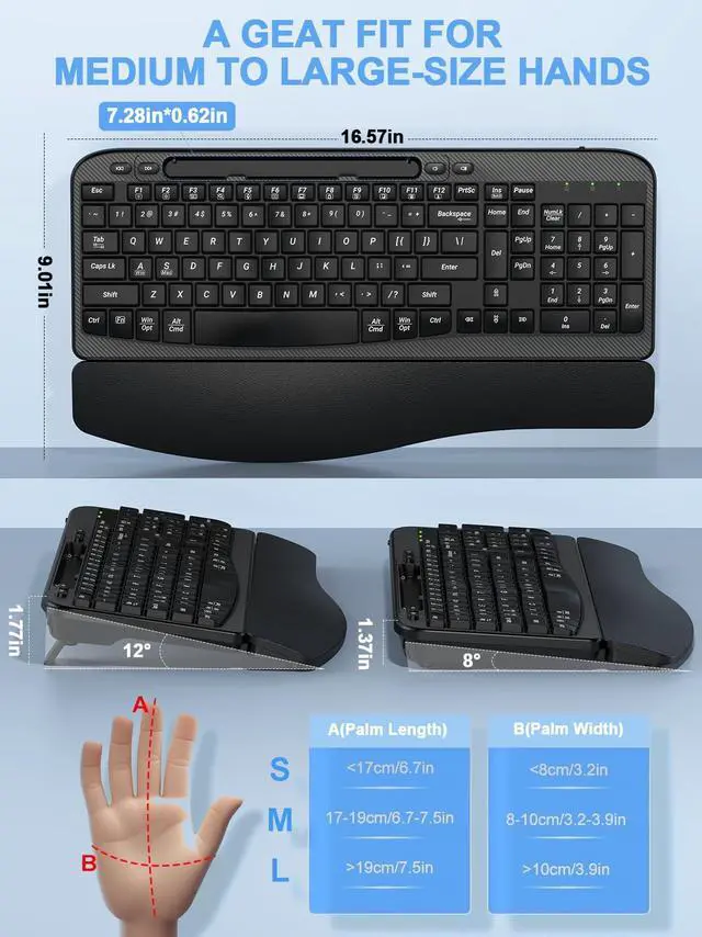 Alt view image 2 of 5 - Ergonomic Wireless Keyboard with Cushioned Wrist Rest, Wave Keys, Phone Holder, Comfortable Natural Typing, 2.4GHz Full Size Silent Cordless USB Computer Keyboard for Laptop, Mac, Windows (Black)