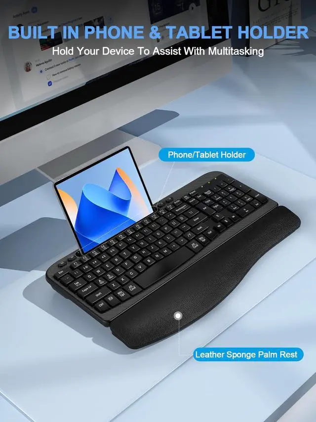 Alt view image 4 of 5 - Ergonomic Wireless Keyboard with Cushioned Wrist Rest, Wave Keys, Phone Holder, Comfortable Natural Typing, 2.4GHz Full Size Silent Cordless USB Computer Keyboard for Laptop, Mac, Windows (Black)
