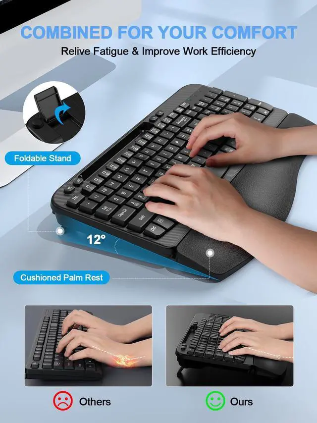 Alt view image 5 of 5 - Ergonomic Wireless Keyboard with Cushioned Wrist Rest, Wave Keys, Phone Holder, Comfortable Natural Typing, 2.4GHz Full Size Silent Cordless USB Computer Keyboard for Laptop, Mac, Windows (Black)