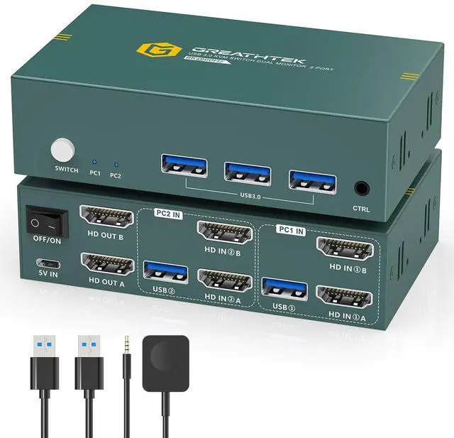 Main image of KVM Switch 2 Monitors 2 Computers HDMI 8K@60Hz, USB3.0 4K@144Hz Dual Monitor KVM Switch with 3 USB 3.0 Ports Sharing Keyboard and Mouse Printer Scanner, KVM Switches with Desktop Controller