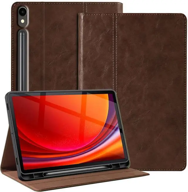 Main image of Gexmil Genuine Leather Case for Samsung Galaxy Tab S9/S9 FE 11 Inch with Pencil Holder,Shockproof Protective Adjustable Kickstand Smart Premium Folio Flip Tablet Cover, Dark Brown
