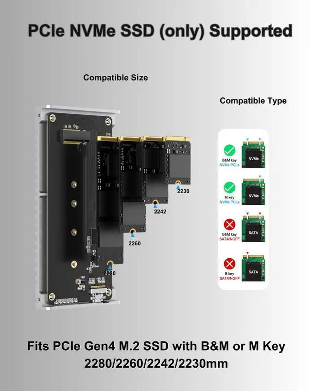 Alt view image 5 of 5 - GEWOKLIY Noiseless 40Gbps M.2 NVMe Enclosure, USB C Aluminum External SSD Enclosure Compatible Thunderbolt4/3 8TB SSD Adapter, PCIe Gen4 M.2 SSD Reader Fits 2280/2260/2242/2230mm M B+M Key (Silver)